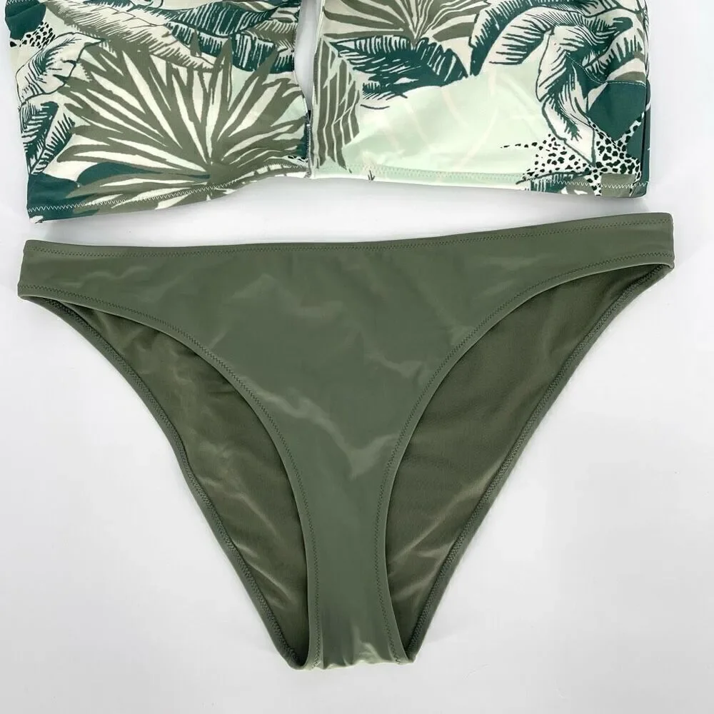 Aerie Keyhole Bandeau Top Cheeky Bottom Swimsuit Set Green Tropical‎ Print XXL